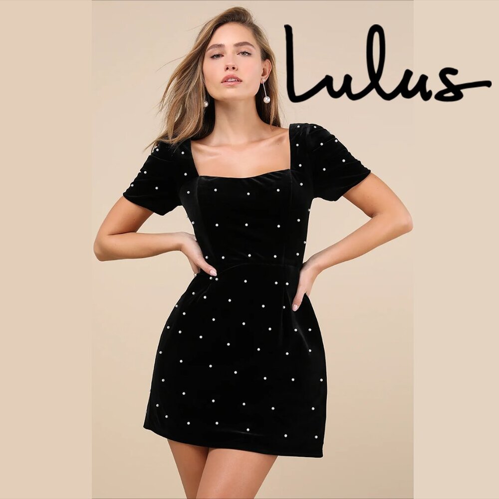 NWT Luxe Possibilities Black Velvet Pearl Mini Dress, Sz Medium